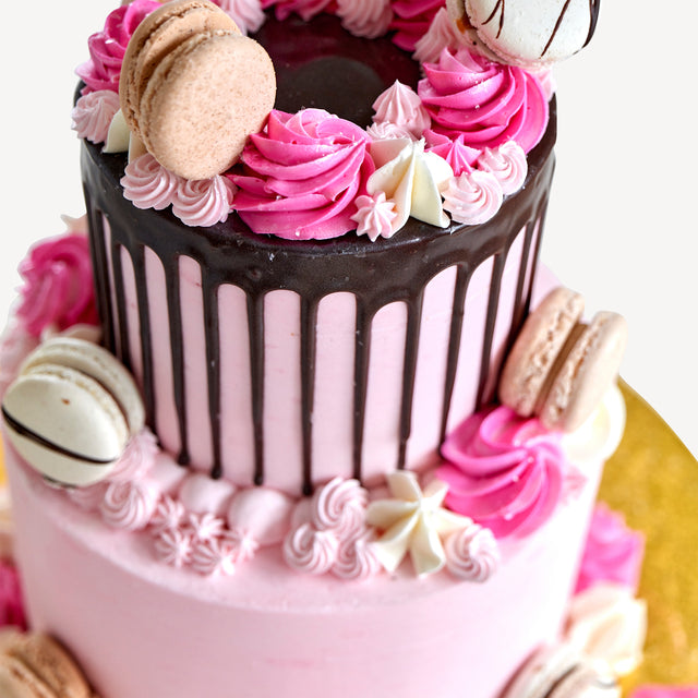 Online Cake Order - Pink Macaron Two-Tier Drip Cake #14Drip