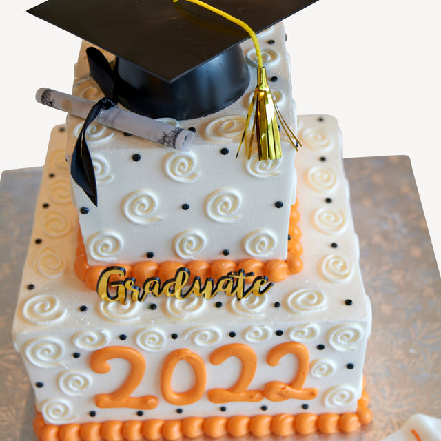 Online Cake Order - White Graduation Swirl Square Cake #98Graduation