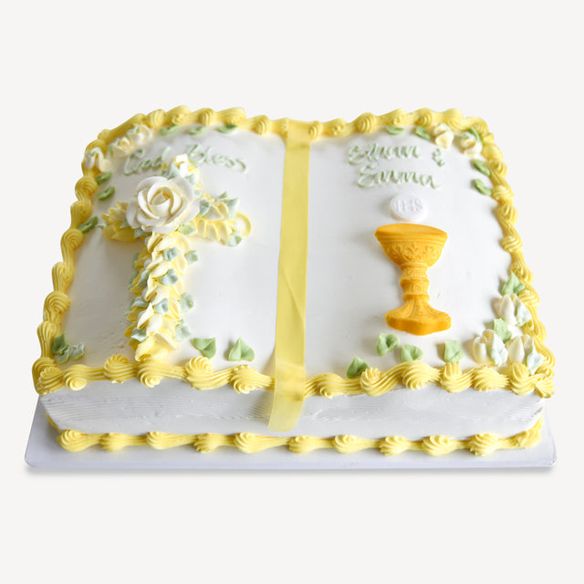 Online Cake Order - Yellow Bible with Chalice #157Religious