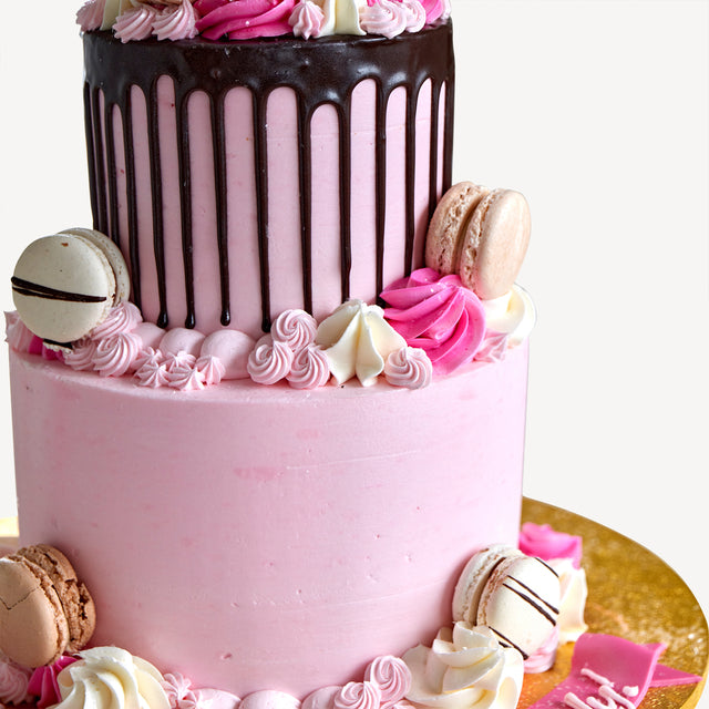 Online Cake Order - Pink Macaron Two-Tier Drip Cake #14Drip