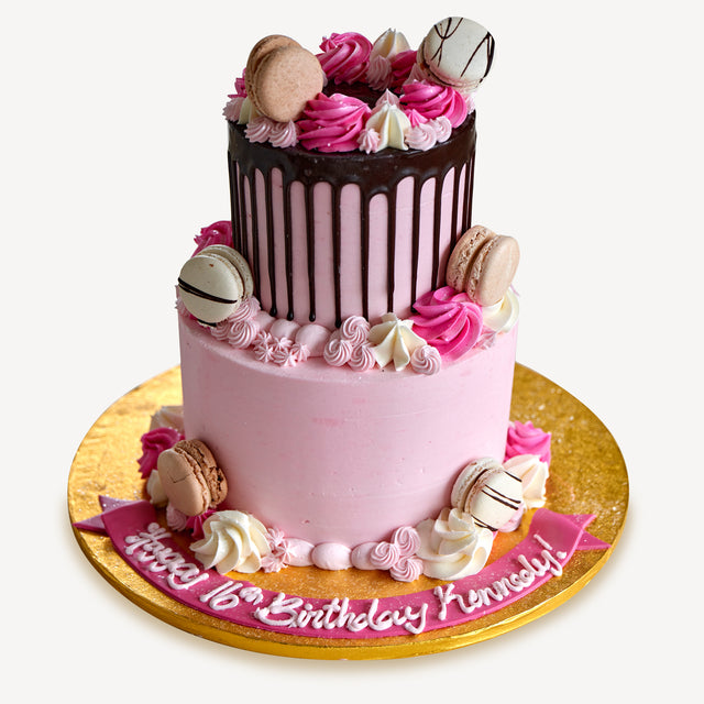 Online Cake Order - Pink Macaron Two-Tier Drip Cake #14Drip